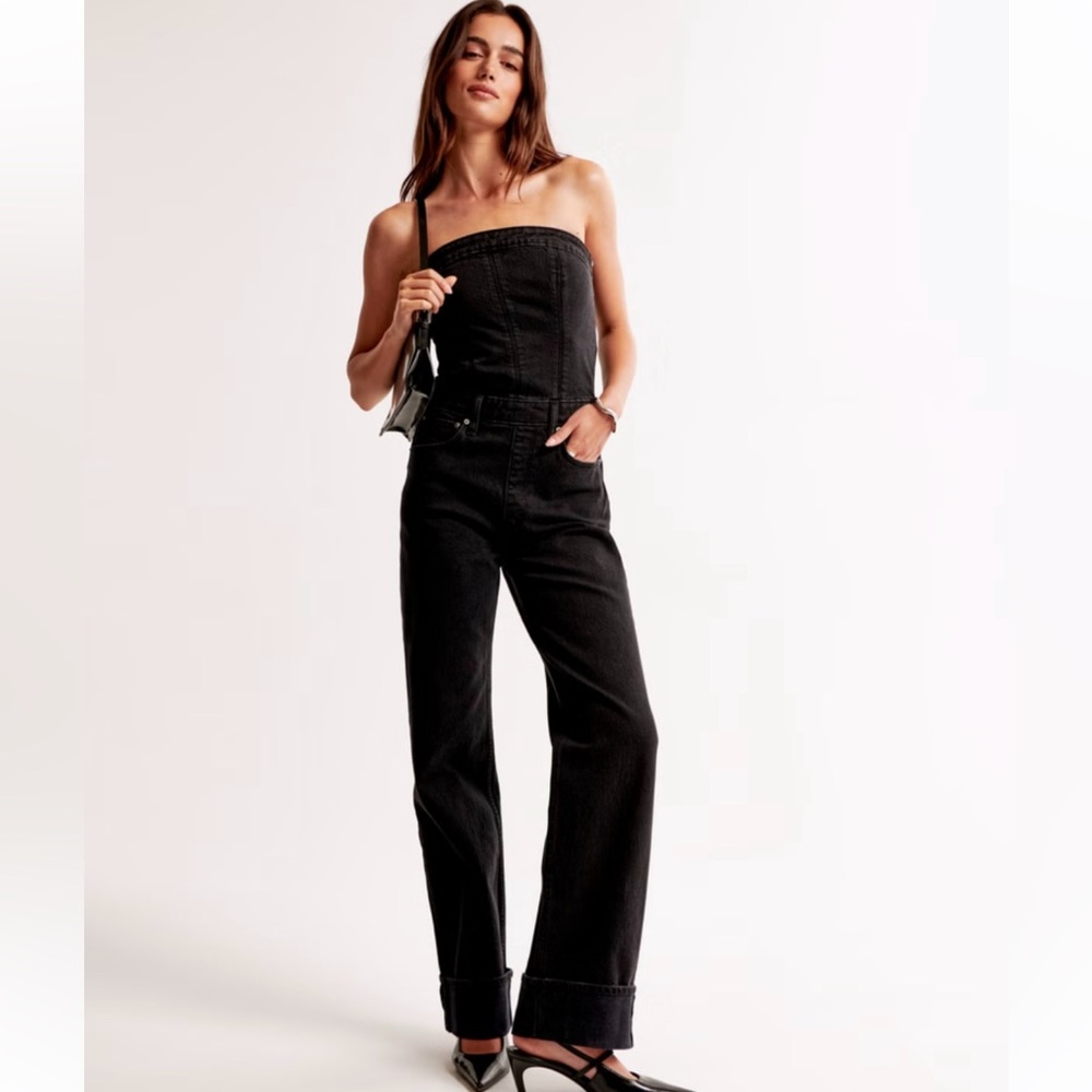 Abercrombie & Fitch Black Strapless Denim Overalls